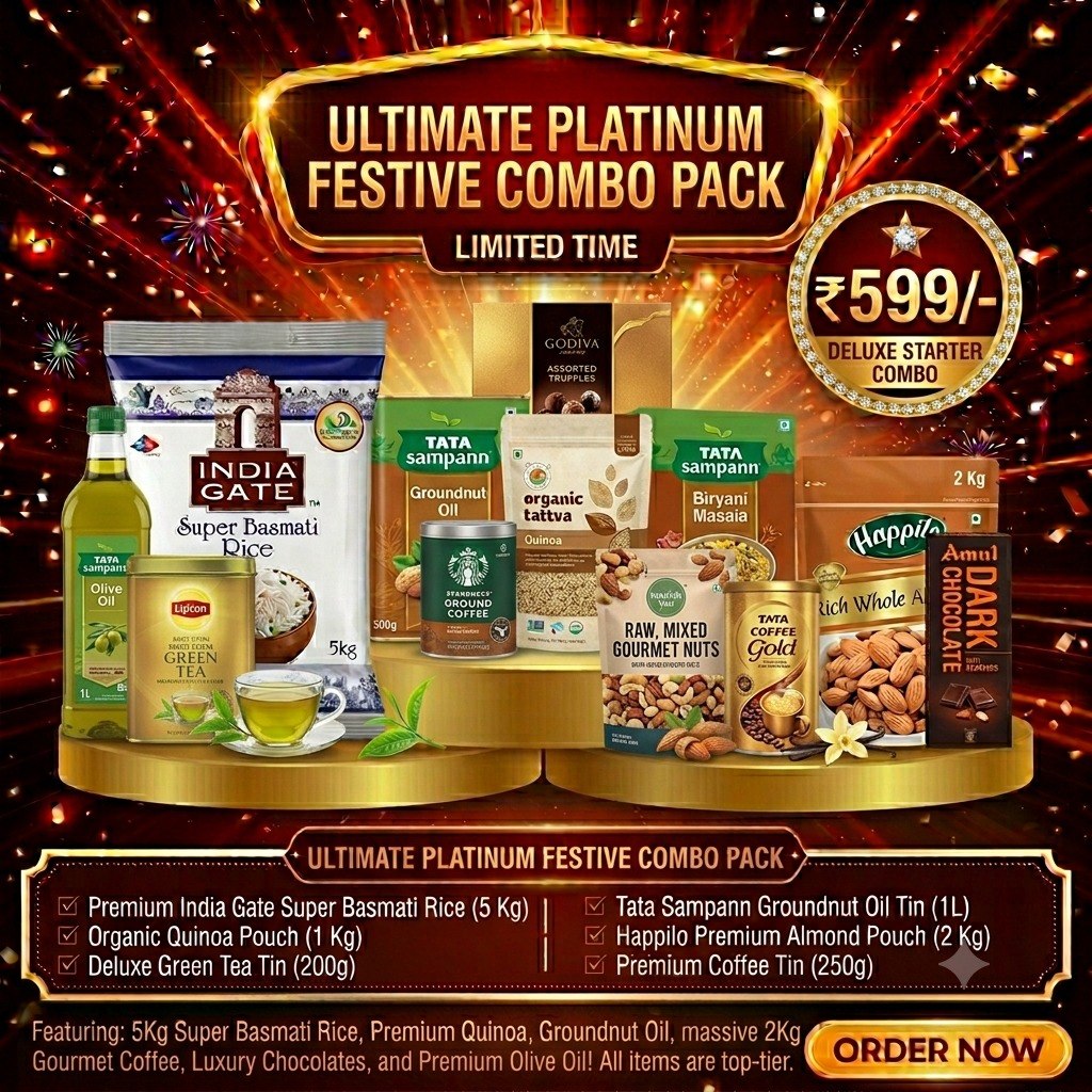 Ultimate Platinum Festive Combo Pack – Premium Grocery & Gourmet Gift Hamper | Basmati Rice, Olive Oil, Coffee, Dry Fruits & Chocolates